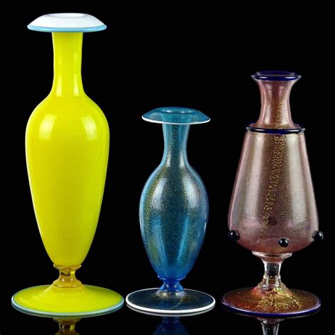 Venetian Murano Yellow Blue Pink Gold Flecks Italian Art Glass Antique Bud Vases At 1stdibs