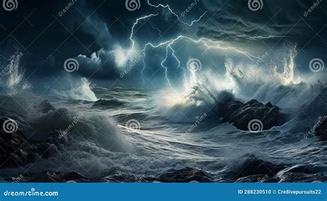 Lightning And Stormy Seas Ominous Clouds Weather Stock Illustration