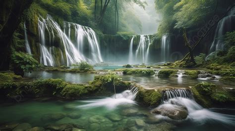 An Incredible Waterfall In A Lush Forest Full Of Green Lush Trees