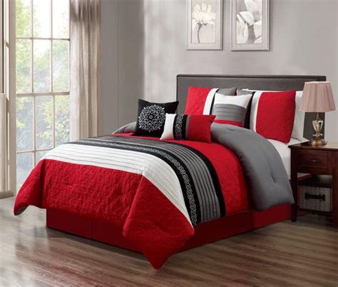 This microfiber bedding is fully machine washable for easy care, soft to the touch, and is oversized! Red Black Gray Pintuck Striped 7 pc Comforter Set Twin ...