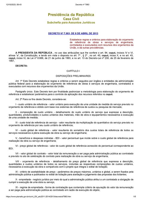 Decreto Nº 7983 Orcamemento Presidência Da República Casa Civil Subchefia Para Assuntos