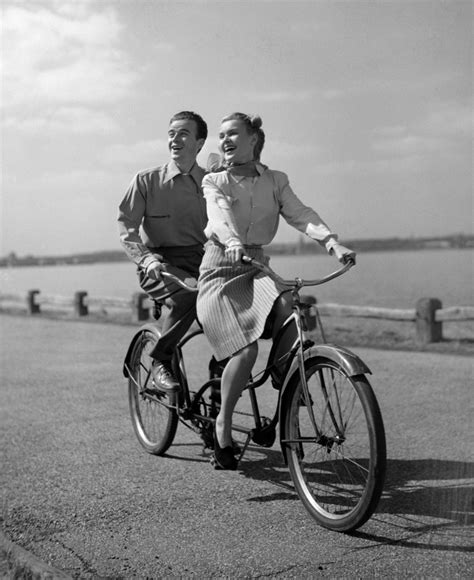 1950s Smiling Happy Couple Man Woman Riding Tandem Bicycle Built For Two Poster Print By Vintage