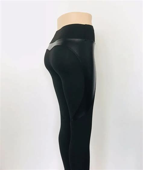 Youme Black Heart Shape Booty Sport Pants Women Pu Leather Patchwork