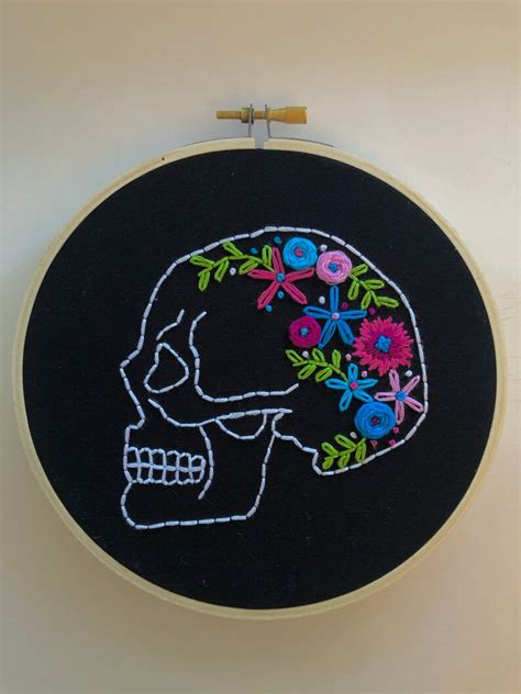 Embroidered Skull Embroidery Hoop Art Floral Embroidery Etsy