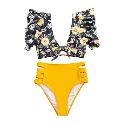 women ruffle high waist swimsuit two pieces push up tropical print bikini floral beachwear v