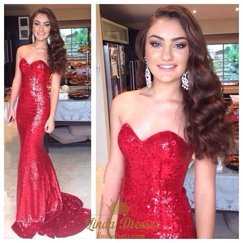 sparkly red sequin strapless sweetheart floor length mermaid prom gown linda dress