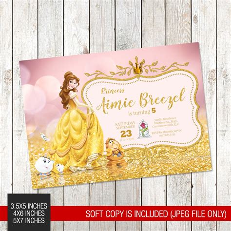 Princess Belle Beauty And The Beast Themed Printed Birthday Invitation