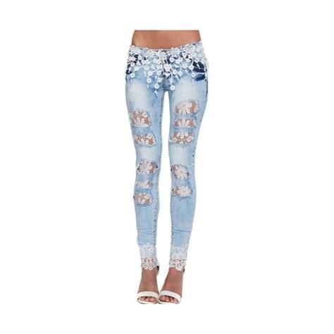 Blue Ripped Lace Jeans Lace Waist Stretch Fit Jeans 55 Liked On Polyvore Featuring Jeans
