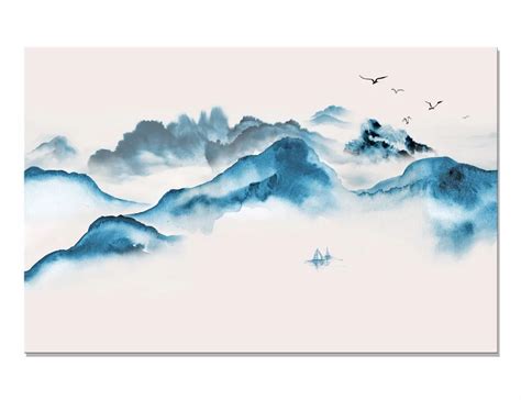 Traditional Chinese Blue Ink Mountain Landscape Painting Hd Prints On