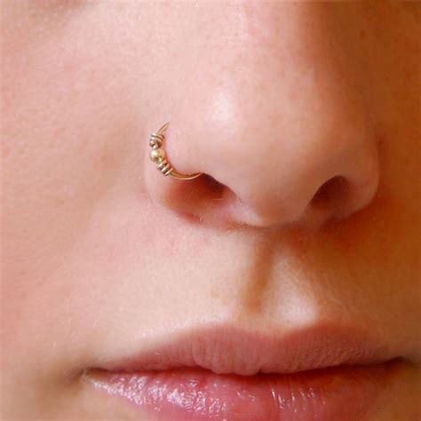 14k Solid Gold Nose Ring Small Embellished Hoop Etsy