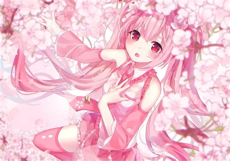 Hd Wallpaper Hatsune Miku Pink Hair Sakura Blossom Twintails Vocaloid Wallpaper Flare
