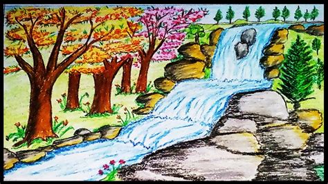 Beautiful Waterfall Landscape Scenery Drawing
