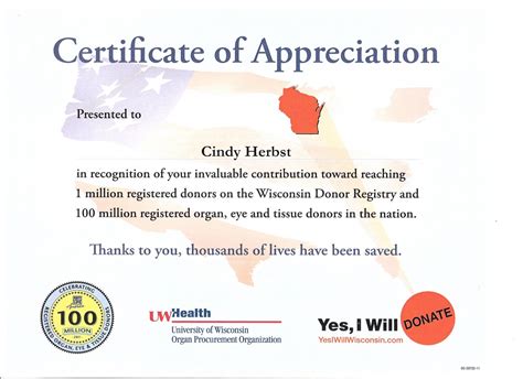 Restoring Hope Transplant House Certificate Of Appreciation Wi Donor