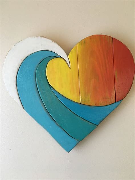 Wave Rainbow Sunset Heart 14 Reclaimed Wood Wall Beach Art