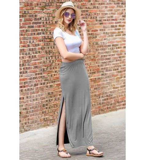 Womens Cotton Maxi Skirt Elastic Waist Soft Skirt With Right Slit