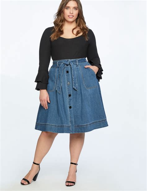 Denim Midi Skirt With Tie Womens Plus Size Skirts Eloquii In 2021 Plus Size Skirts Plus