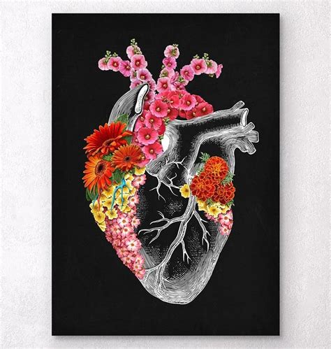 anatomical heart with flowers ii heart art print anatomical heart art art