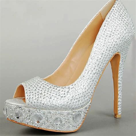 silver peep toe gem diamond wedding shoes bridal shoes bridesmaid party prom shoes size custom