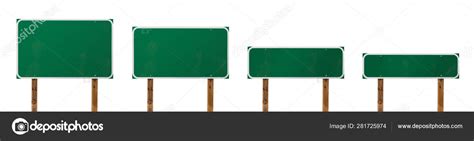 Set Of Different Sized Blank Green Road Signs Isolated On A White