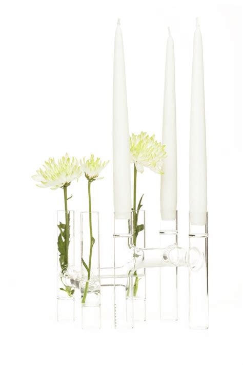 Contemporary Set Of Two Czech Clear Glass Trio Candelabras Bud Vases