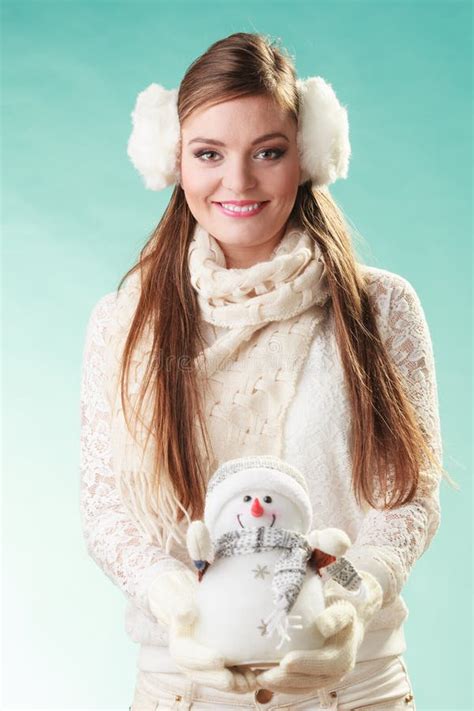 Smiling Cute Woman With Little Snowman Winter Stock Image Image Of