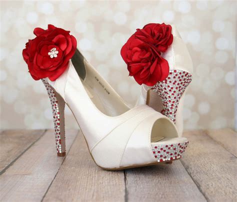 Wedding Shoes Ivory Platform Peep Toe Wedding Shoes With Red And Silver Rhinestones On Heel