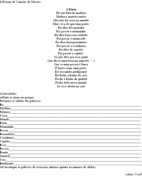 Compartilhando Vivências e Experiências Poema A Porta Classificação quanto ao número de sílabas
