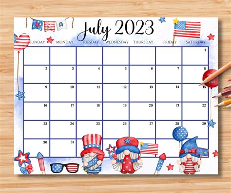 Editable July 2023 Calendar 4th July Independence Day With Etsy Singapore