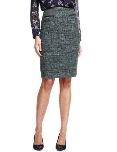 Faux Leather Trim Tweed Pencil Skirt With Wool Mands Pencil Skirt