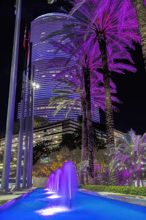 Blue Fountain Night Purple Buildings High Rises Downtown Miami Florida