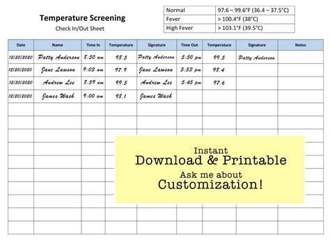 Temperature Recording Sheet Printable Forms Customizable Etsy Canada