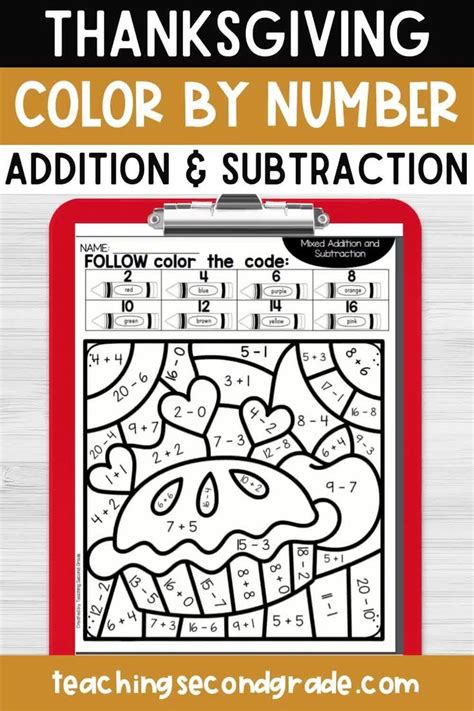 Thanksgiving Addition And Subtraction Color By Number Coloring Sheets