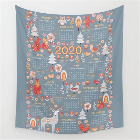 Calendar For 2020 In A Scandinavian Folk Style Wall Tapestry By