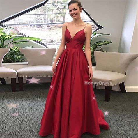 Honey Dress — Wine Red Princess Straps V Neck Long Prom Dresses Satin