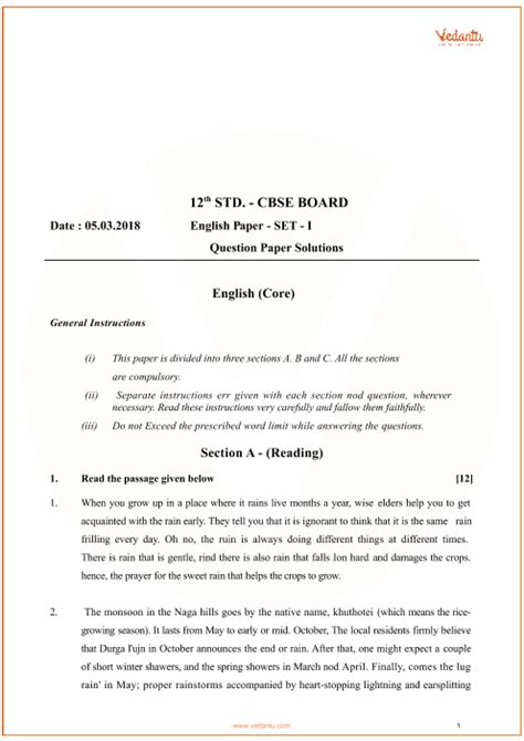 Cbse Class 12 English Core Sample Paper With Answers Examples Papers