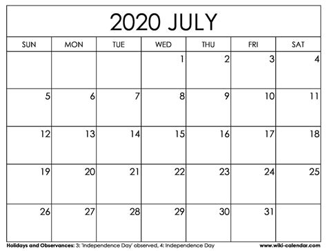 July 4 2020 Calendar Month Calendar Printable