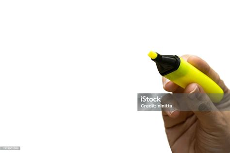 Office Supplies Concept Closeup Hand Holding Yellow Highlighters