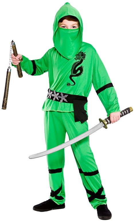 Green Ninja Boys Fancy Dress Japanese Samurai Warrior Kids Childs
