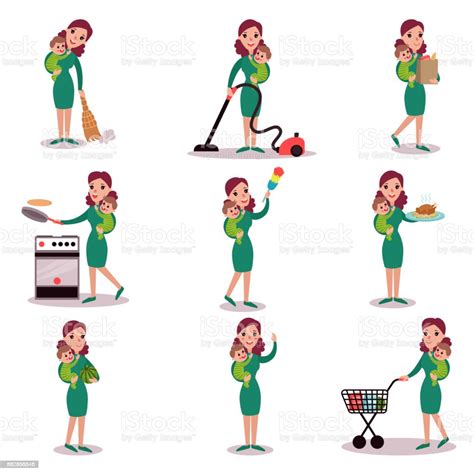 Mother Daily Routine Activities Super Mom Concept Vector Illustrations