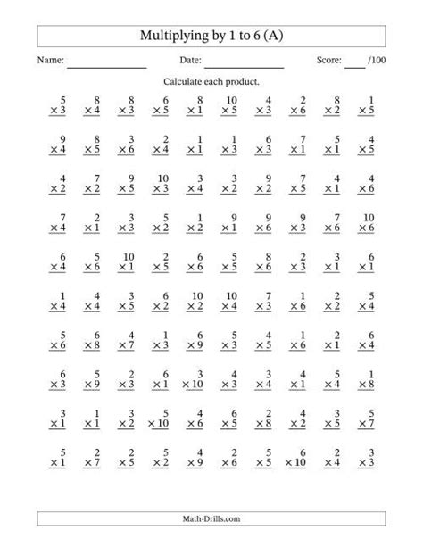 .facts to 100 a, five minute timed drill with 100, multiplication facts work multiplication facts to, 100 multiplication facts range 0 10, math drills, grade 5 multiplication work, name 7 8 6 7 4 7 3 8 49 can't see worksheet? 100 Vertical Questions -- Multiplication Facts -- 1-6 by 1 ...