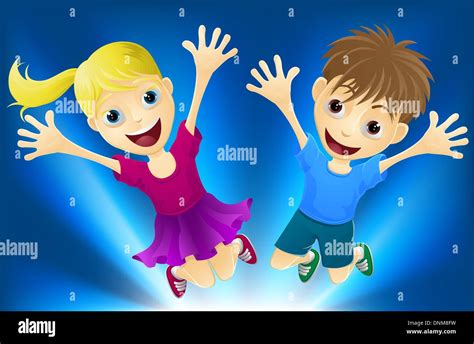 Illustration Of A Happy Boy And Girl Jumping For Joy Stock Vector Image