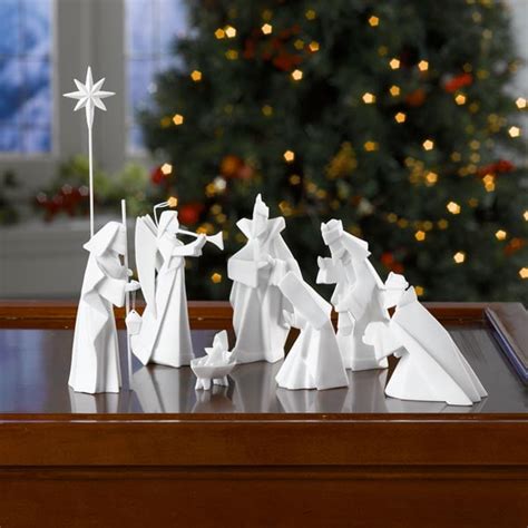 One Hundred 80 Degrees White Porcelain Origami Nativity Set 9 Piece