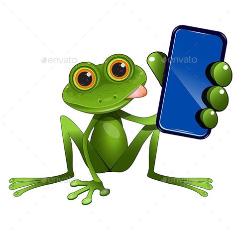 Illustration Of A Green Frog Sitting With A Smartphone Vectors