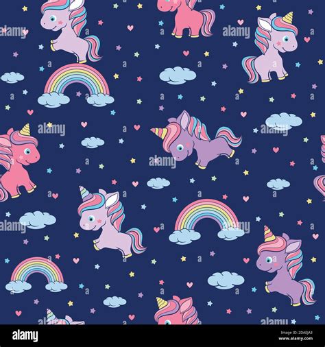 Seamless Pattern With Cute Little Unicorn Clouds Unicorn Rainbow And