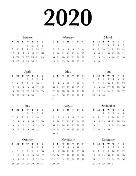 A Black And White Calendar For The Year 2020