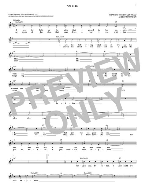 Tom Jones Delilah Sheet Music Notes Download Printable Pdf Score 122326