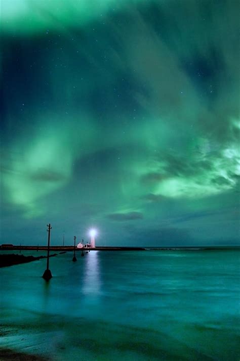 Wallpaper Lighthouse Northern Lights Sea Beautiful Sky Night