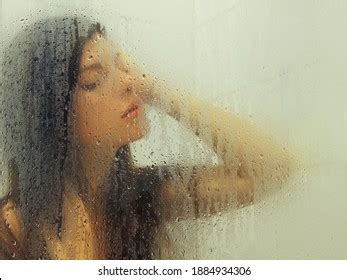 Beautiful Woman Shower Behind Glass Drops Stock Photo Edit Now Shutterstock