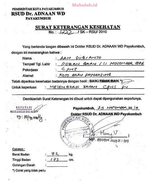 Contoh Surat Keterangan Sehat Dari Dokter Untuk Melamar Pekerjaan