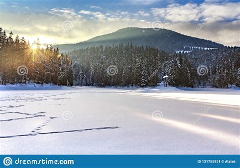 Ice Covered And Snowy Synevyr Lake In Winter Gorgeous Location In